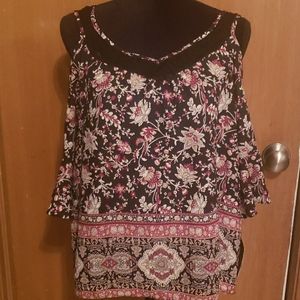 Red/black print off the shoulder shirt